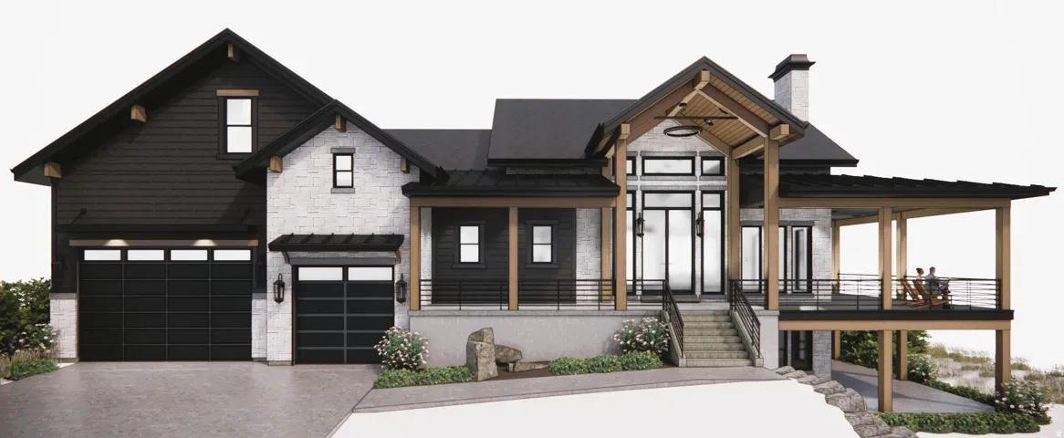 Modern farmhouse exterior featuring dark horizontal siding, white stone accents, a multi-pane glass entry door, a multi-level roofline, and an expansive covered porch