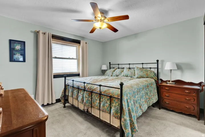 Comfortable bedroom featuring a ceiling fan with integrated lighting, a window with blinds and drapes, and plush carpet flooring
