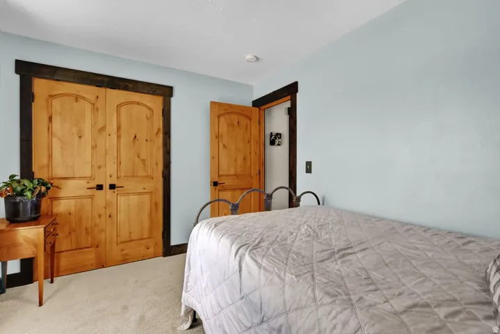 Double panel wood doors with dark trim, light blue walls, and carpeted flooring