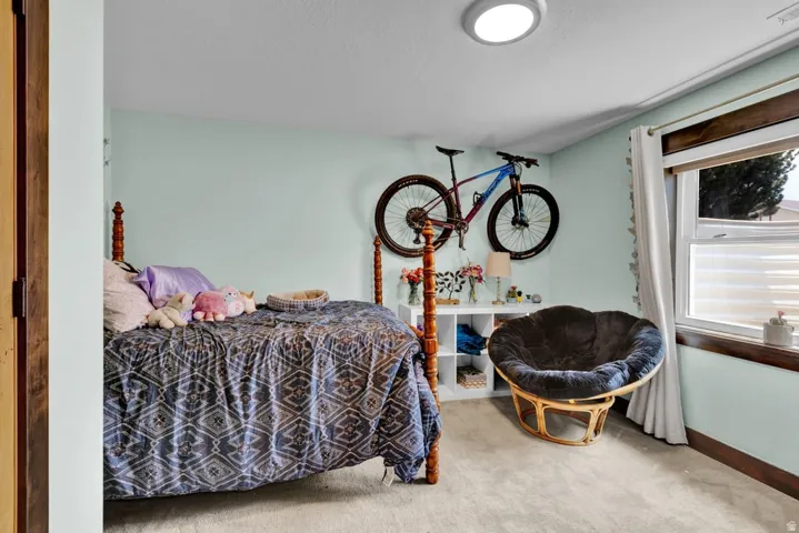 Bedroom with light blue walls, light-colored carpet flooring, and a large window featuring wood trim