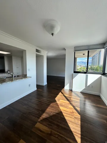 Wood-finish flooring throughout, featuring a kitchen peninsula with a granite countertop and stainless steel sink
