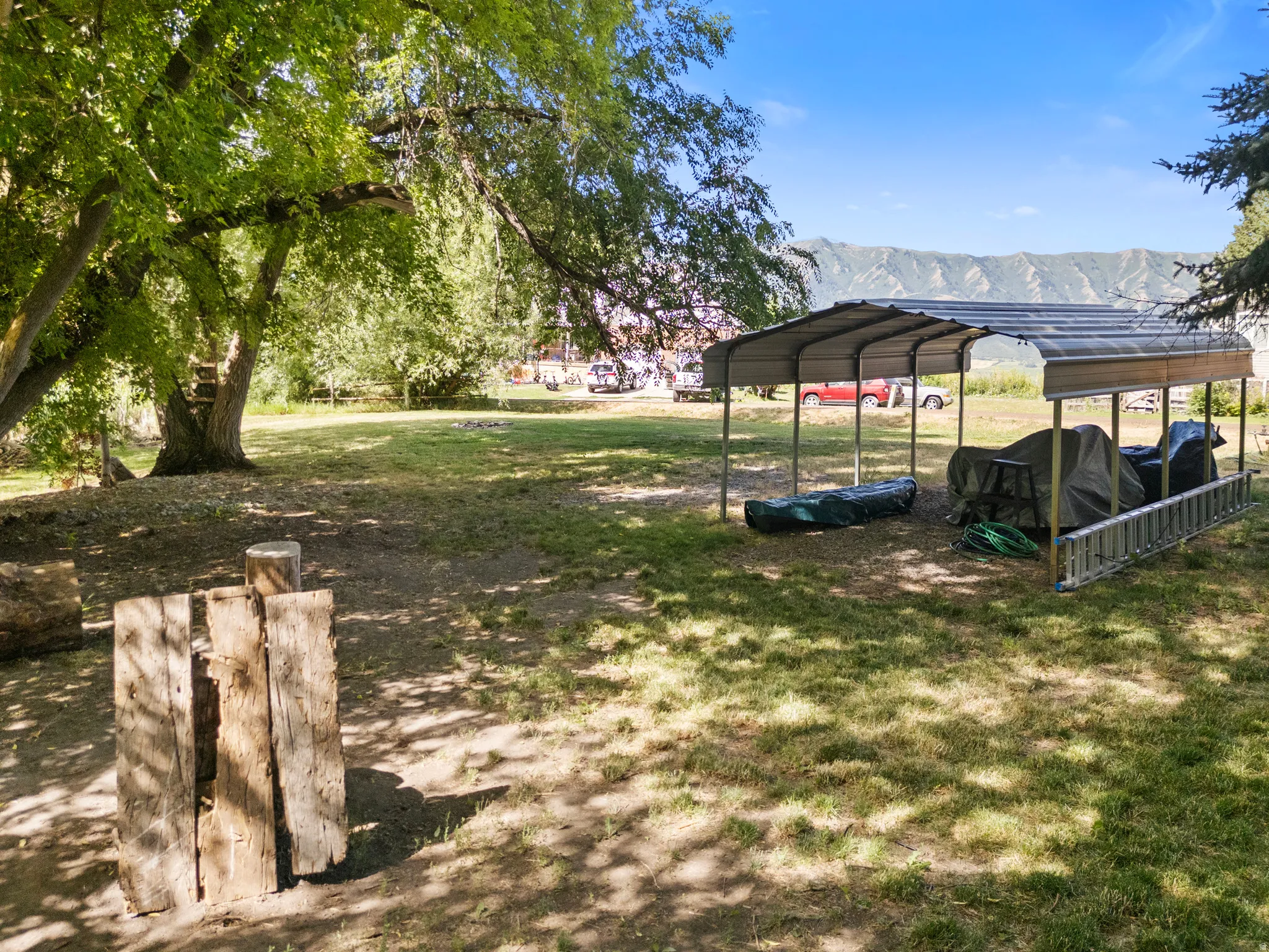 Expansive outdoor space featuring mature trees, a detached metal carport, and a mountain backdrop