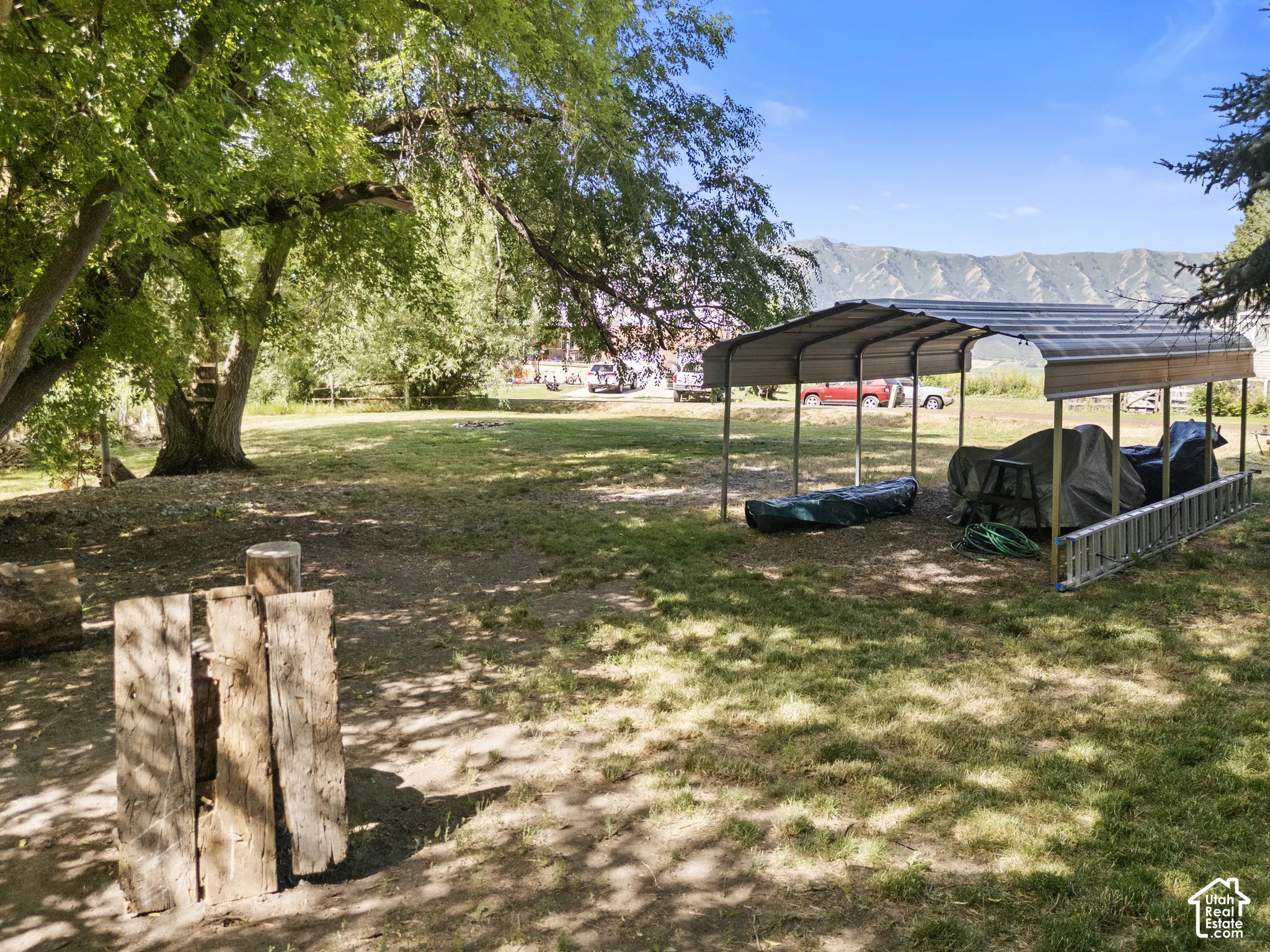 Expansive outdoor space featuring mature trees, a detached metal carport, and a mountain backdrop