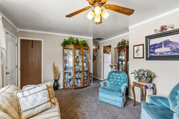 Carpeted interior space featuring a ceiling fan with integrated lighting, neutral wall paint, and white crown molding