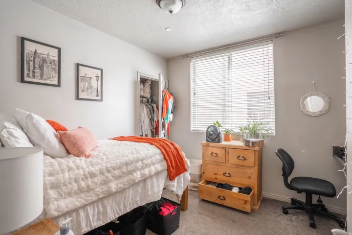 Carpeted bedroom featuring a window with blinds, a built-in closet, a ceiling-mounted light fixture, and light-toned wall paint