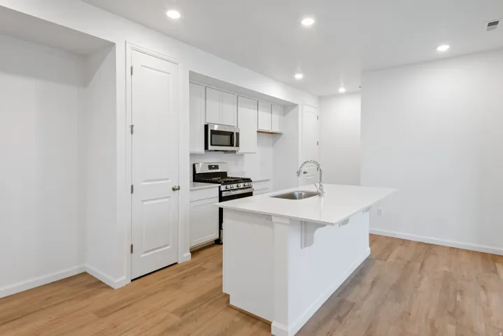 Kitchen featuring a central island with an undermount sink and gooseneck faucet