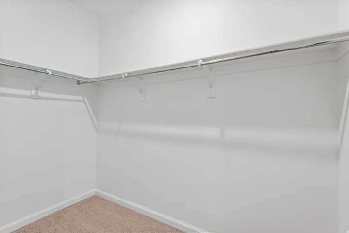 Walk-in closet featuring light-toned carpeting, white baseboards, and built-in shelving with hanging rods