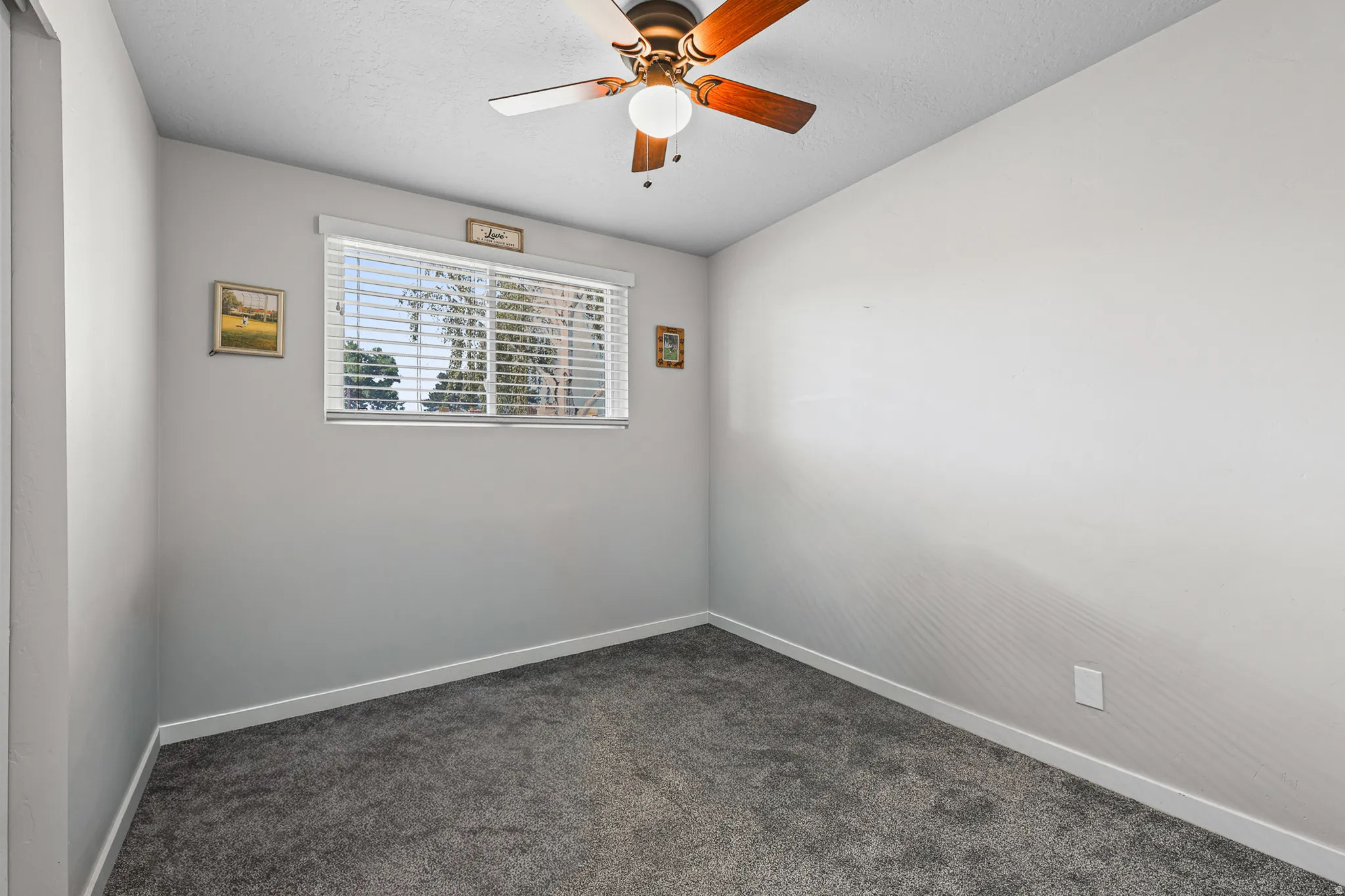 Carpeted room featuring a ceiling fan, a window with horizontal blinds, and light-toned walls