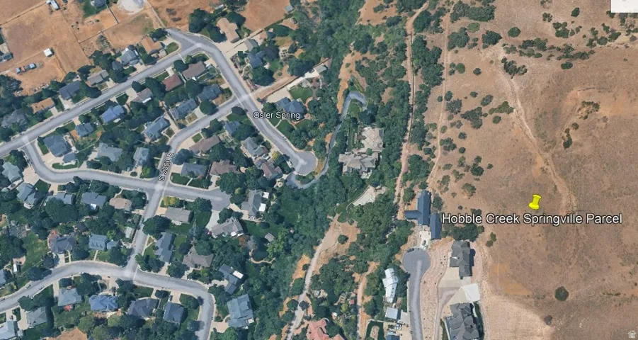 Aerial Map. Indicating the location of the Hobble Creek Springville Parcel relative to surrounding structures