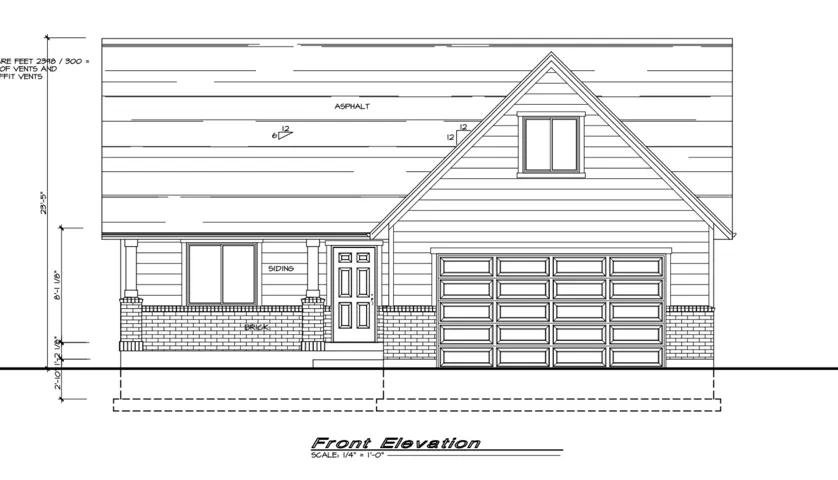 Front Elevation Drawing. Depicting the architectural front profile of the property with material specifications and dimensions