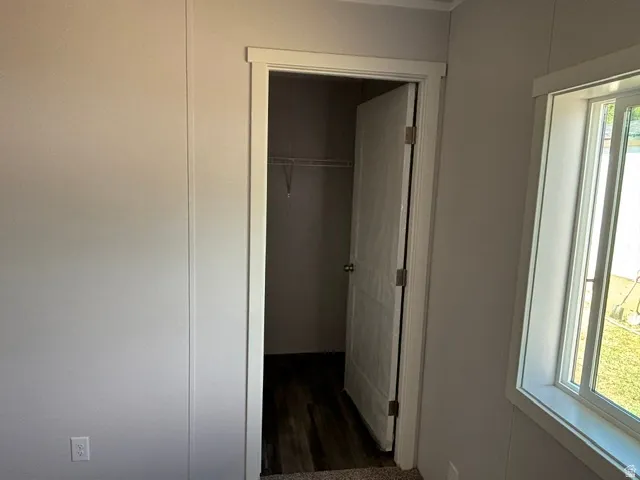 Interior space featuring a closet with wire shelving, a window with white trim, and light-toned walls