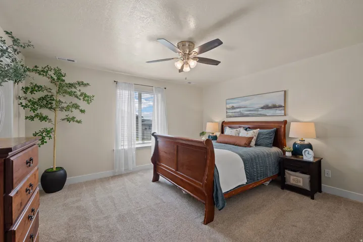 Carpeted bedroom featuring a ceiling fan with integrated lighting, a window with blinds, and light-toned wall finishes