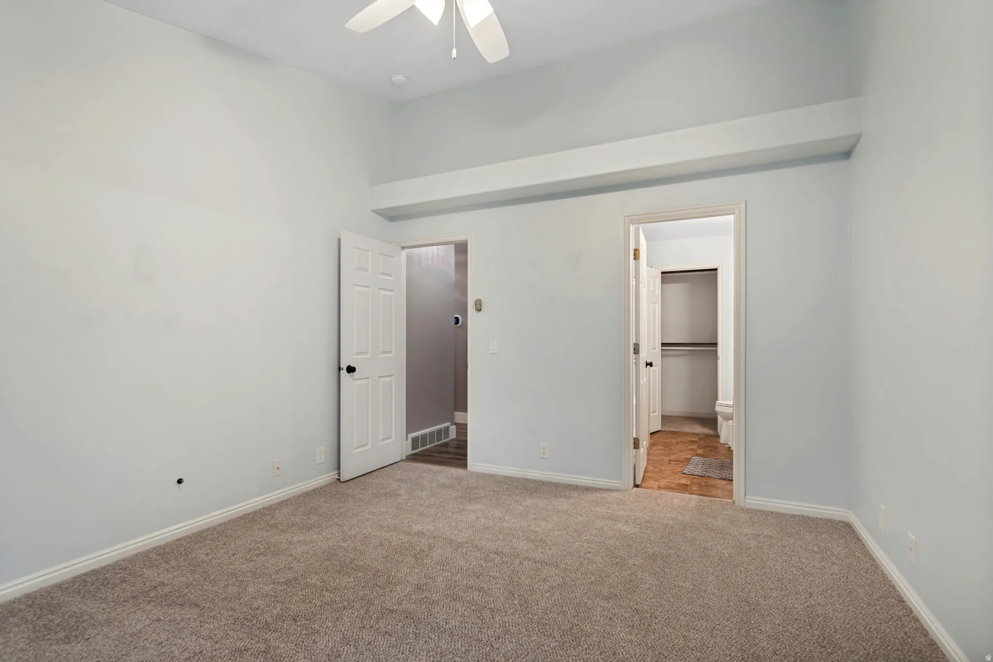 Room featuring carpet flooring, light-toned walls, a ceiling fan, and a walk-in closet with wood-finish flooring