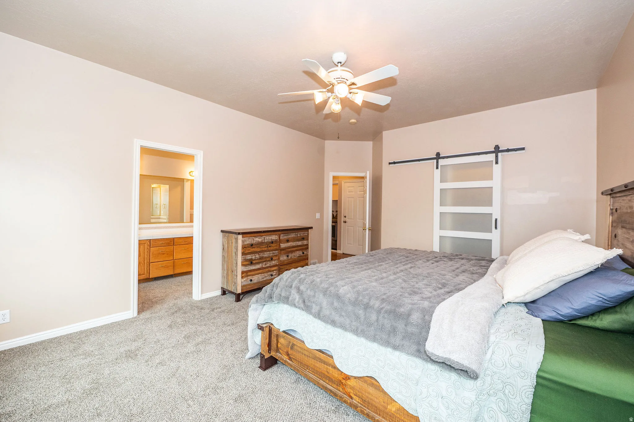 Spacious bedroom featuring light-toned walls and grey carpet flooring