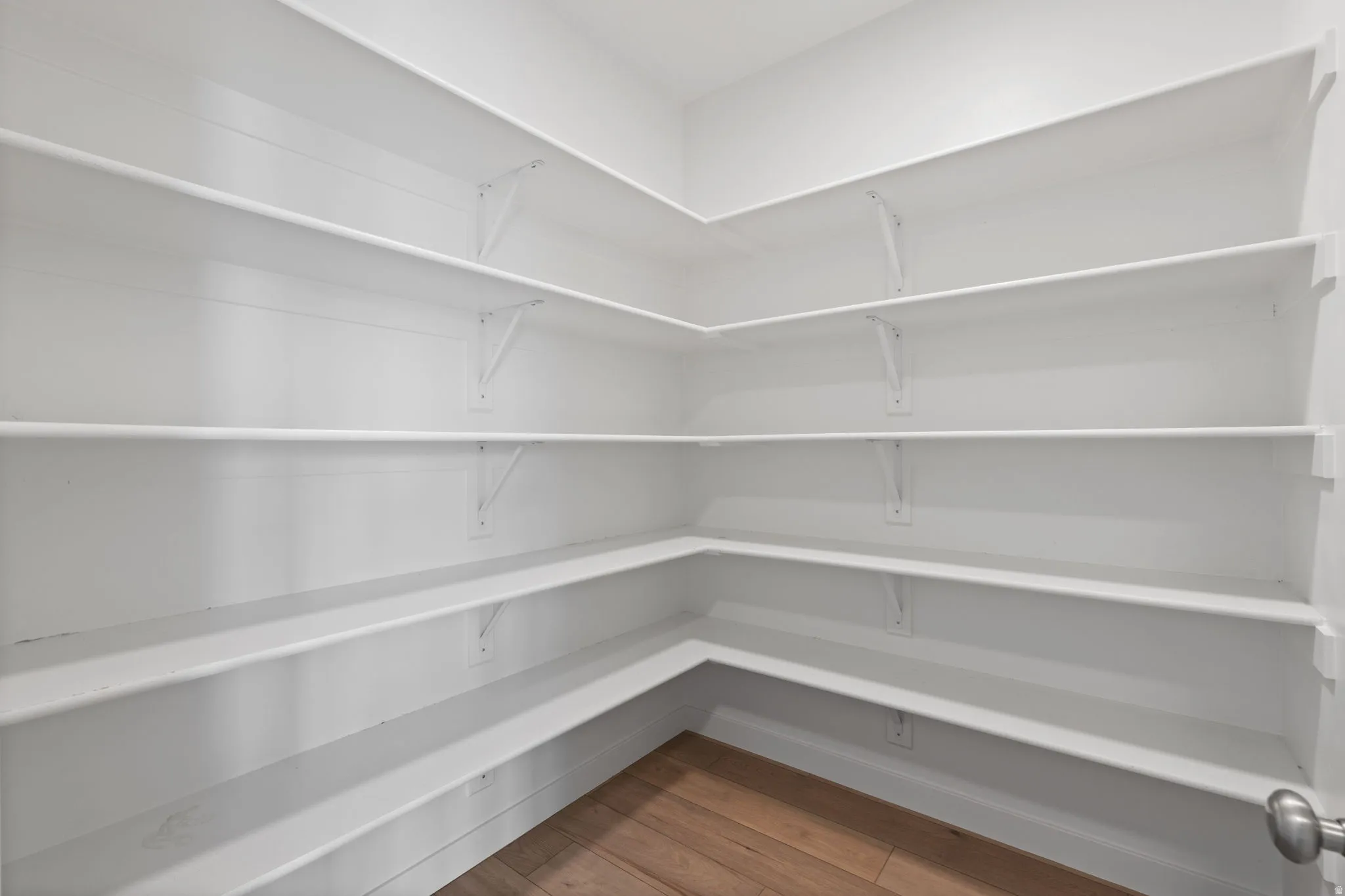 Expansive pantry with extensive white shelving, wood-finish flooring, and bright white walls