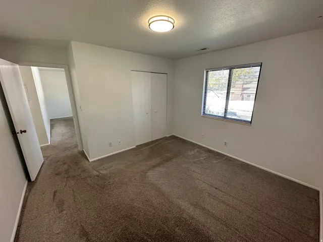 Carpeted room featuring a window with blinds, white walls, and a closet with bifold doors