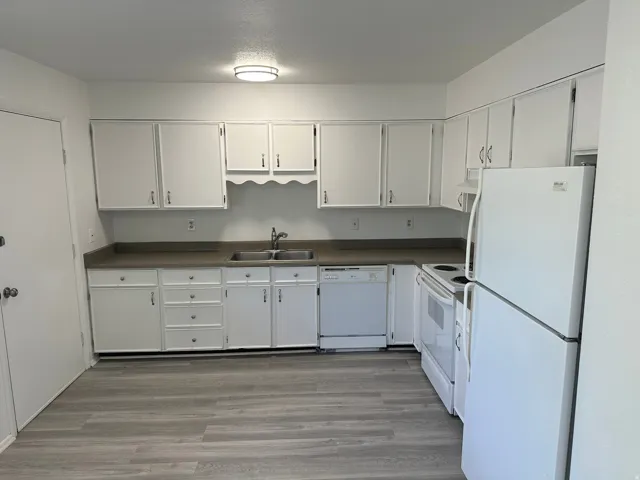 Kitchen featuring wood-finish flooring, white cabinetry, a double basin sink, and a white appliance package