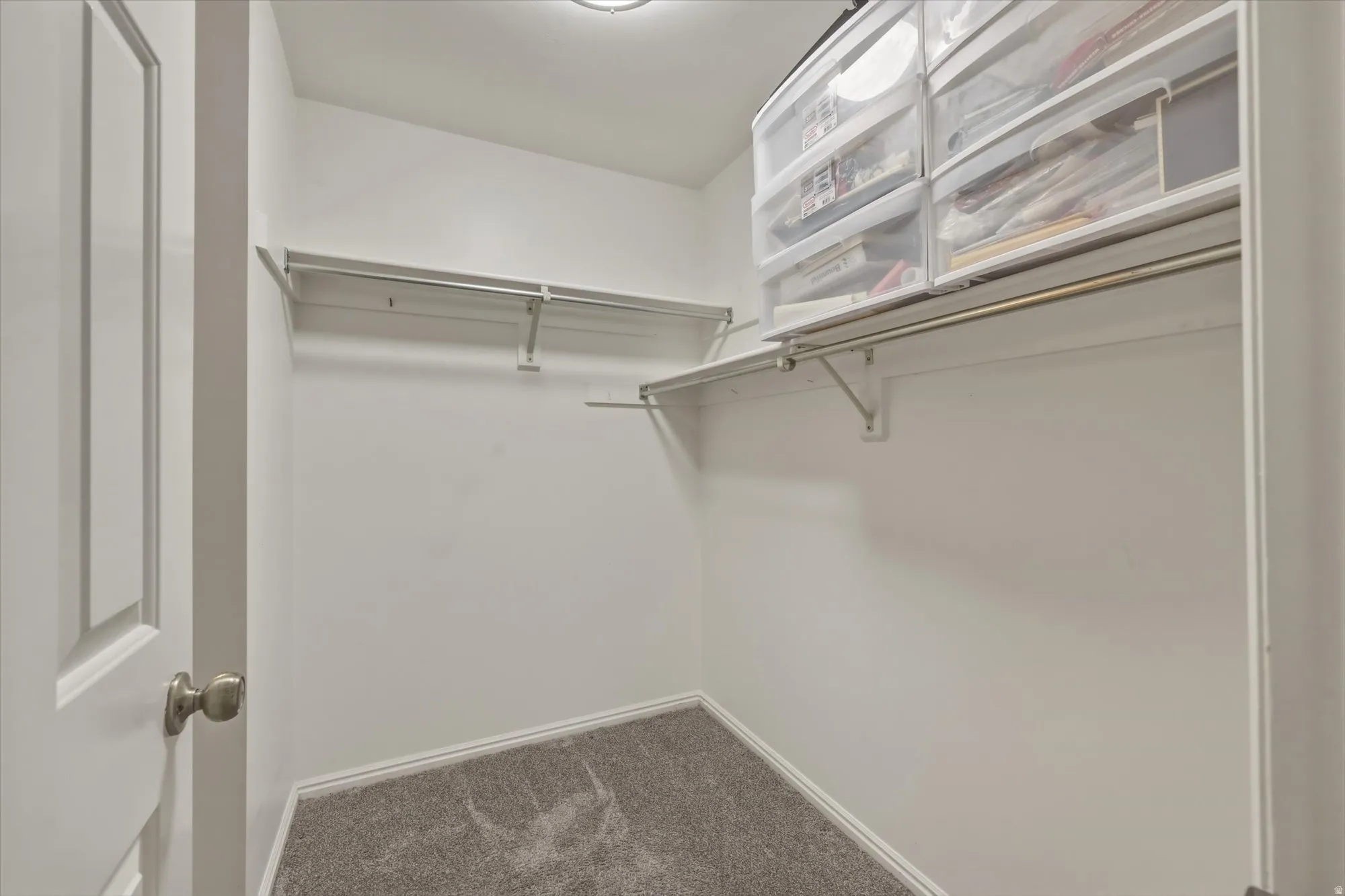 Walk-in closet featuring light gray carpet flooring, white walls, and built-in white shelving with metal hanging rods
