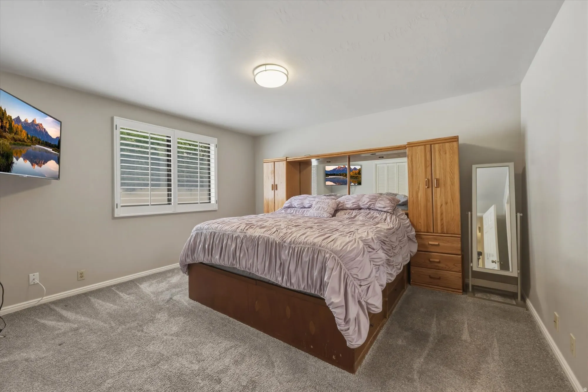 Carpeted room featuring a window with white plantation shutters, a flush-mount ceiling light, and light gray wall paint