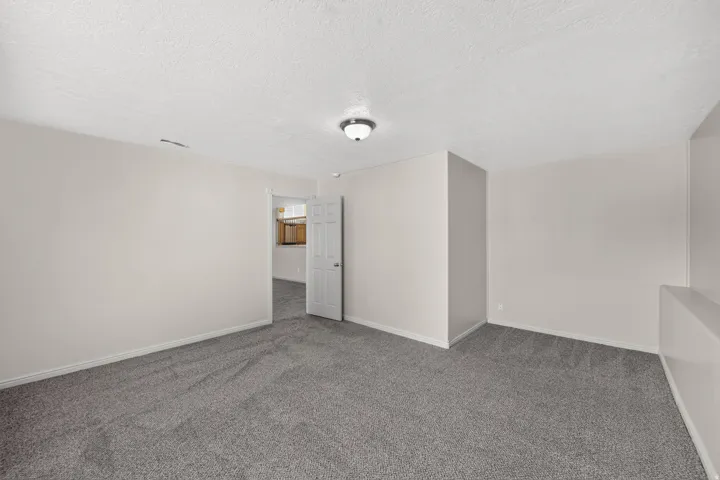 Neutral wall color, textured ceiling, flush mount ceiling light, and gray carpeting