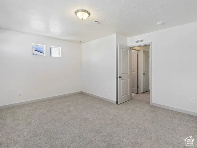 Spacious room featuring plush gray carpeting, white walls, two high-set windows, a flush-mount ceiling light fixture, and interior doors with brushed nickel hardware