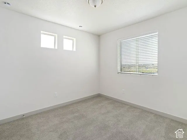 Carpeted interior space featuring white walls and a large window with horizontal blinds