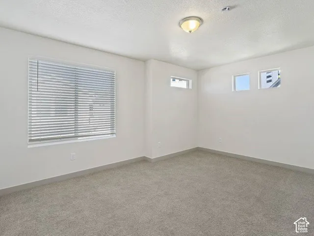 Spacious room featuring neutral carpet flooring, white walls, and a contemporary ceiling light fixture