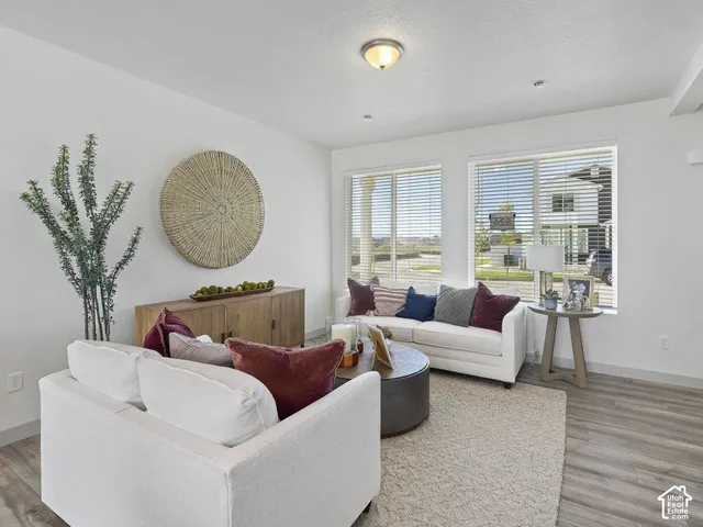 Open-concept living area featuring light wood-finish flooring, white painted walls, and abundant natural light from multiple windows