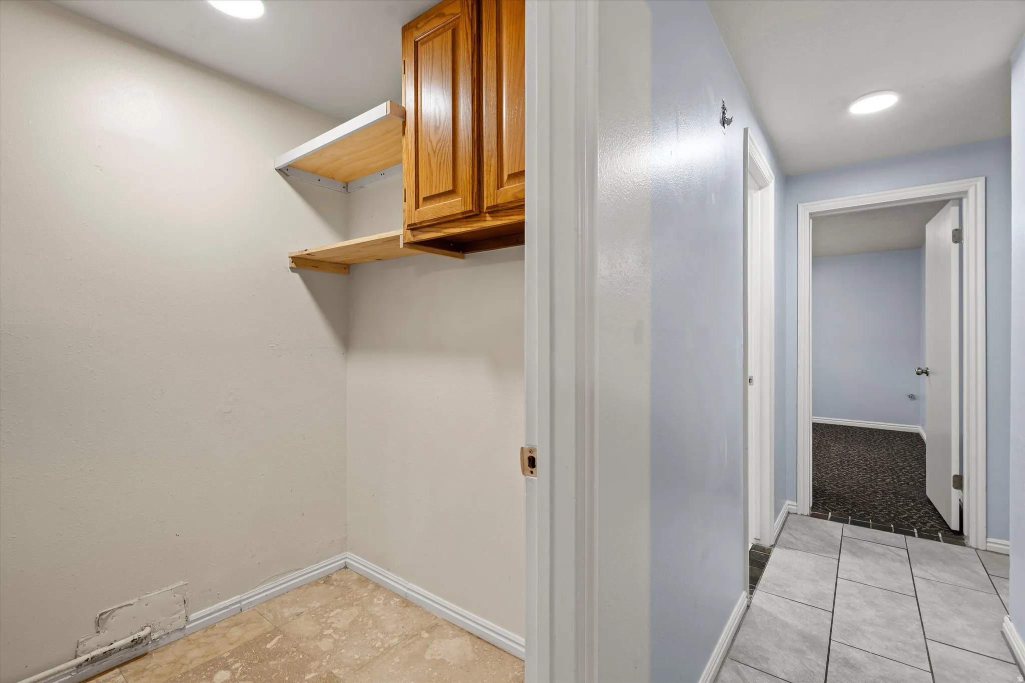 Storage area with wood cabinetry and open shelving