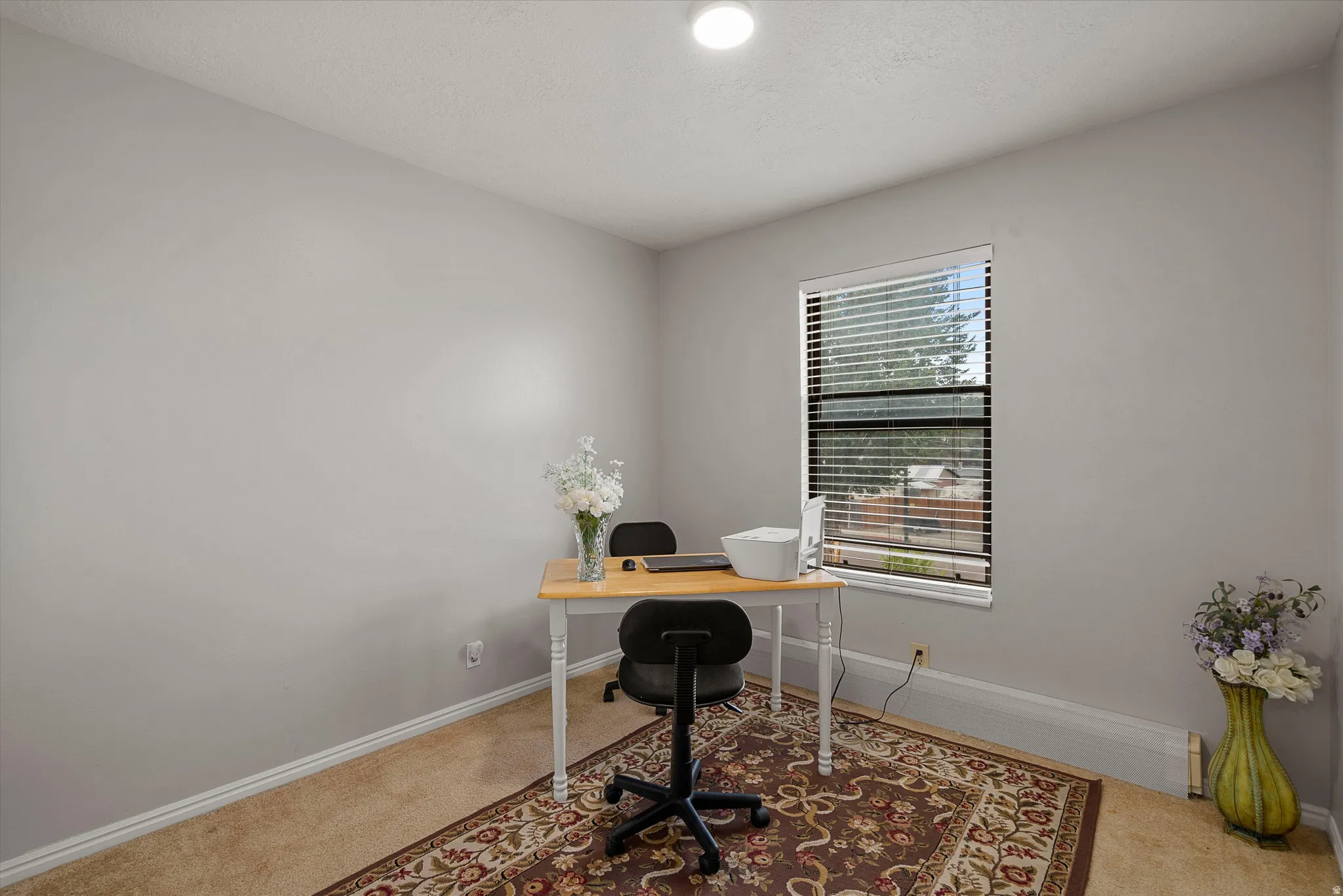 Room featuring neutral wall paint, carpet flooring, a window with horizontal blinds, and a ceiling-mounted light fixture
