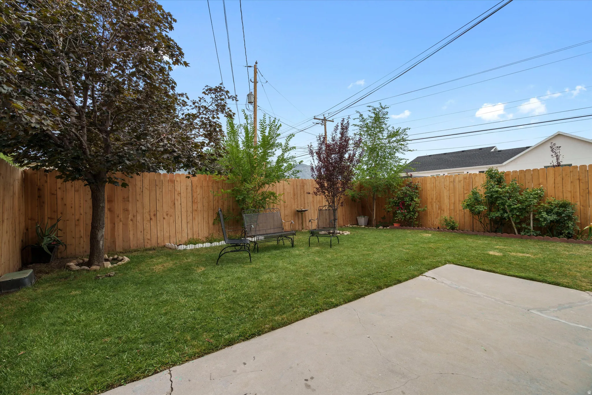 Expansive backyard featuring a manicured lawn, mature trees, and a wooden privacy fence