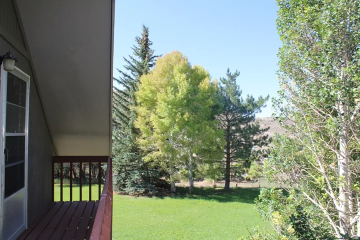 Wood-finish balcony with a red-stained railing, overlooking a green lawn with mature trees and distant hills