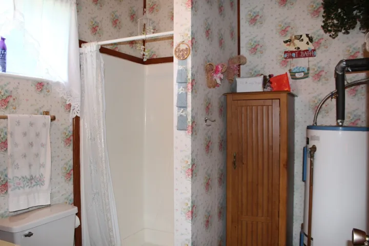 Enclosed shower stall with wood-look trim, white toilet, and floral wallpaper