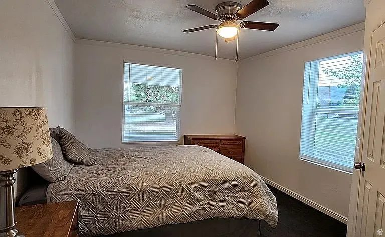 Bright interior space featuring two windows with horizontal blinds, a ceiling fan with light fixture, and wood-finish flooring