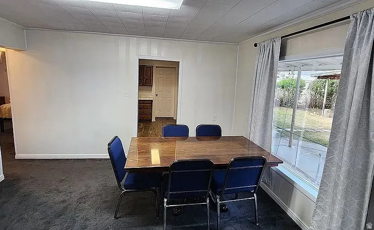 Carpeted dining area with a large window, white trim, and a recessed fluorescent light fixture