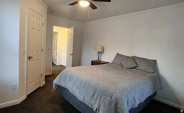 Carpeted room featuring a ceiling fan with integrated lighting, white trim and baseboards, and a white six-panel door
