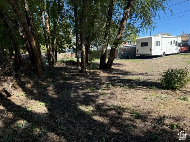 Expansive outdoor space featuring mature trees and a graveled surface