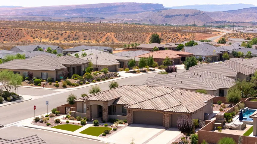 Modern residential development featuring single-story homes with tile roofs, desert-adapted landscaping, and paved driveways