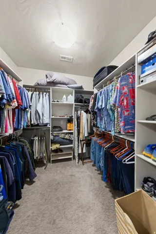 Spacious walk-in closet featuring extensive built-in shelving, multiple hanging rods, durable carpet flooring, and a flush-mount ceiling light