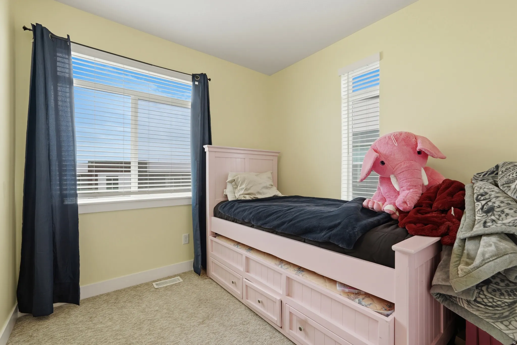 Room featuring two windows with white blinds, light-colored walls, and carpeting