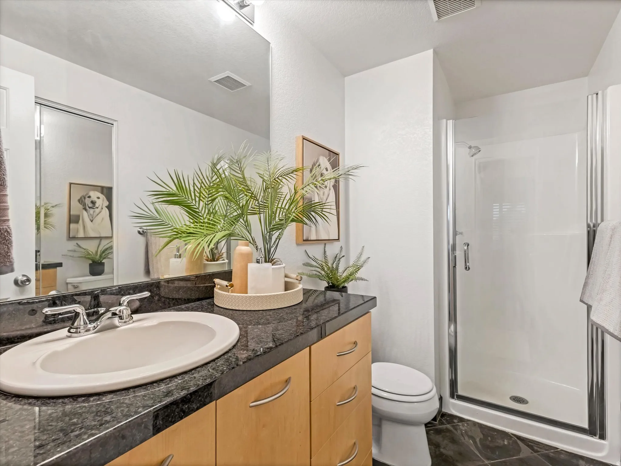 Full bathroom featuring a dark stone countertop, an integrated sink with chrome faucet, natural wood-finish cabinetry, and a glass-enclosed shower