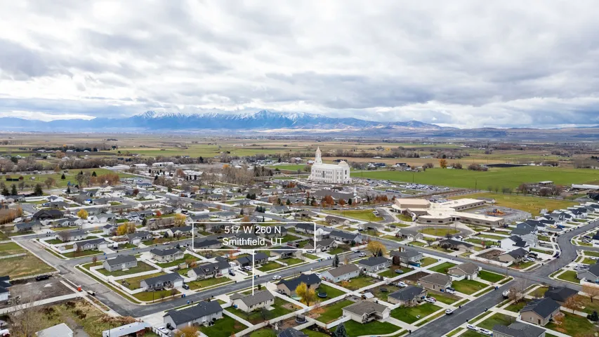 Aerial perspective showcasing a residential neighborhood with a mountain backdrop
