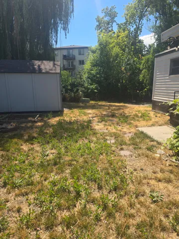 Expansive yard space featuring a storage shed, concrete patio area, and mature perimeter foliage