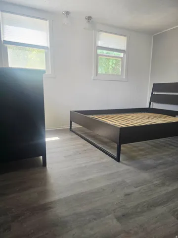 Room featuring gray wood-finish flooring, two windows with white blinds, white vertical paneling on walls, and two ceiling-mounted light fixtures