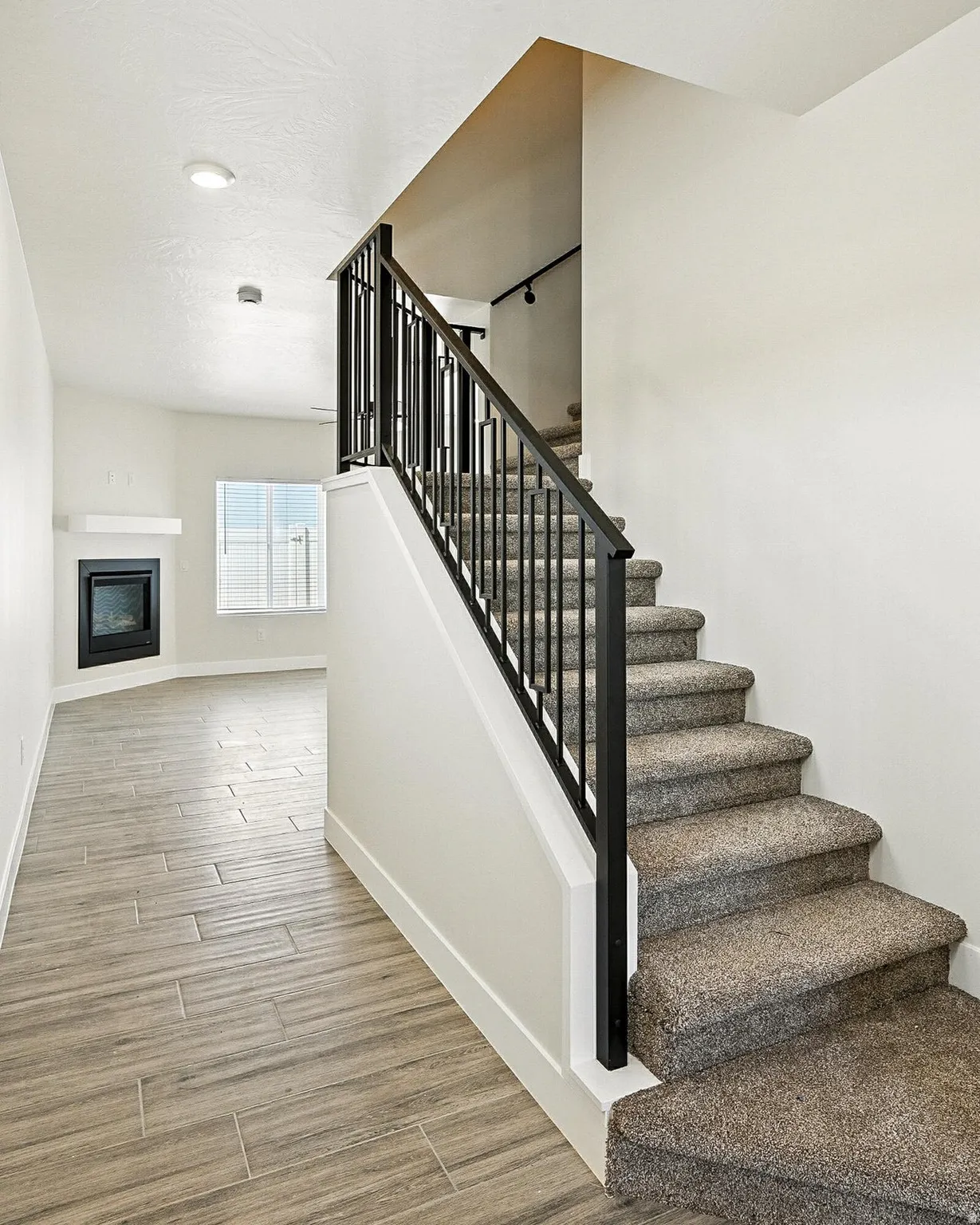 Carpeted staircase featuring a black metal baluster railing