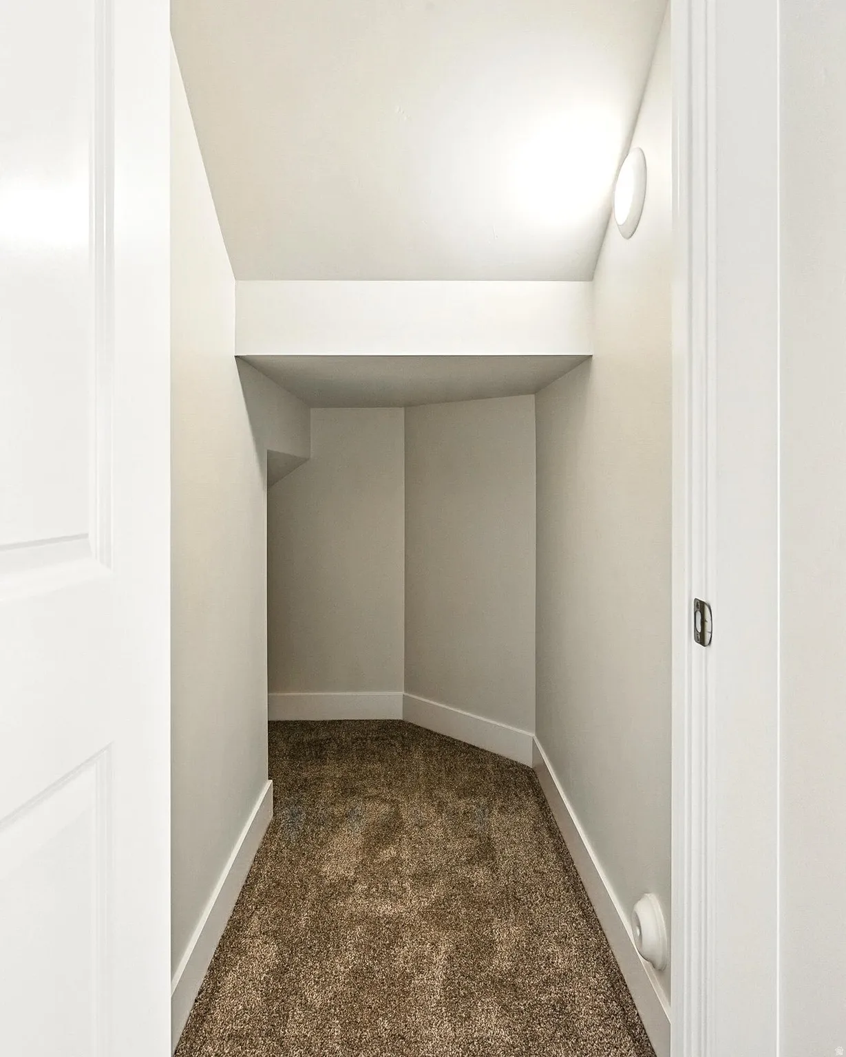 Carpeted storage area with neutral wall paint and white baseboards