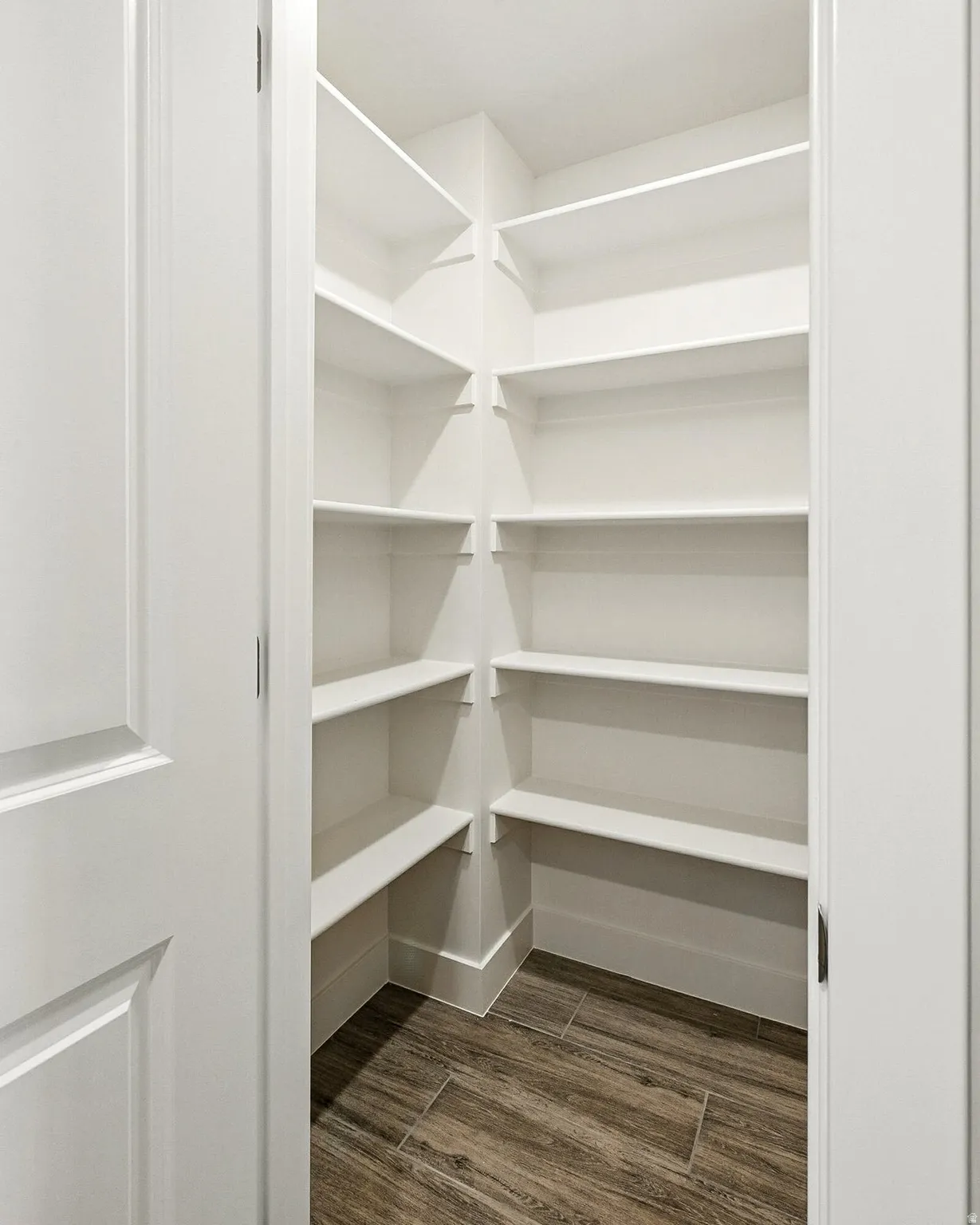 Walk-in pantry featuring extensive white shelving and wood-look tile flooring