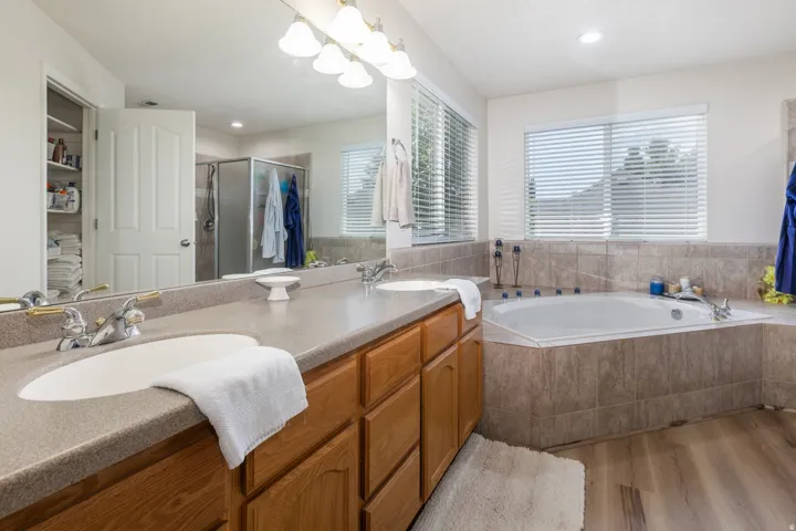 Spacious bathroom featuring a dual vanity with a large mirror, an integrated soaking tub, wood-finish flooring, and a separate shower enclosure