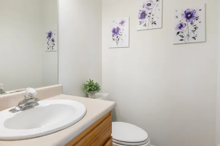Bathroom vanity with a white oval sink, chrome faucet, wood-finish cabinetry, and light-colored countertop