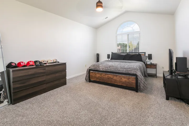 Vaulted ceiling room featuring an arched window with horizontal blinds, neutral-toned carpeting, and a ceiling-mounted light fixture